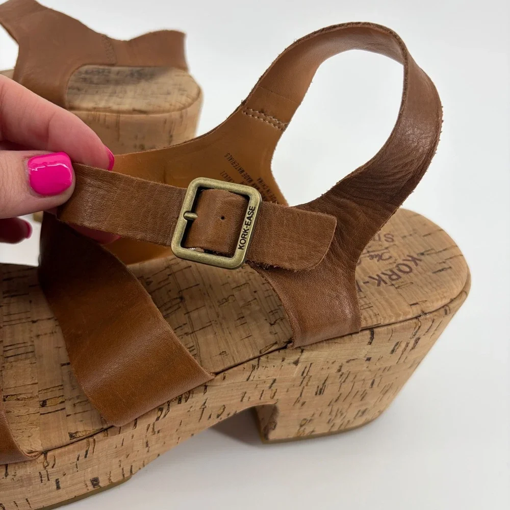 Kork-Ease Womens 10 Brown‎ Leather Platform Sandals Block Heel Cork KE0011306